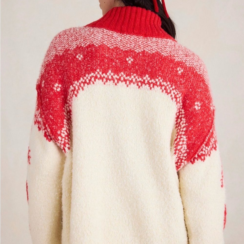 Free People Mythical Knit Sweater Printed Hearts Mix Rib Trim Zip Vanilla Red - Picture 2 of 7